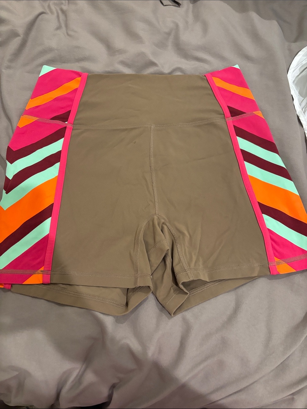 Women’s Olive Active Shorts with Pink & Orange Chevron Panels